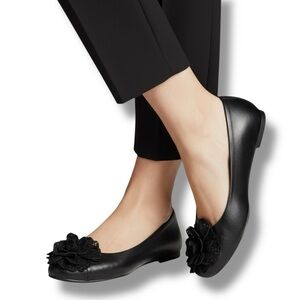 FRAU Vera Pelle Black Leather Ballet Flats – Floral Toe – EU 37 / US 6.5